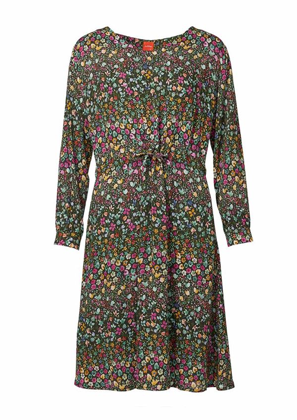 Olivengrøn kjole med småt blomstret print fra du Milde